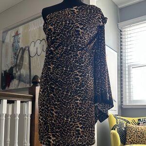 One-Shoulder Leopard Print Mini Dress in Brown